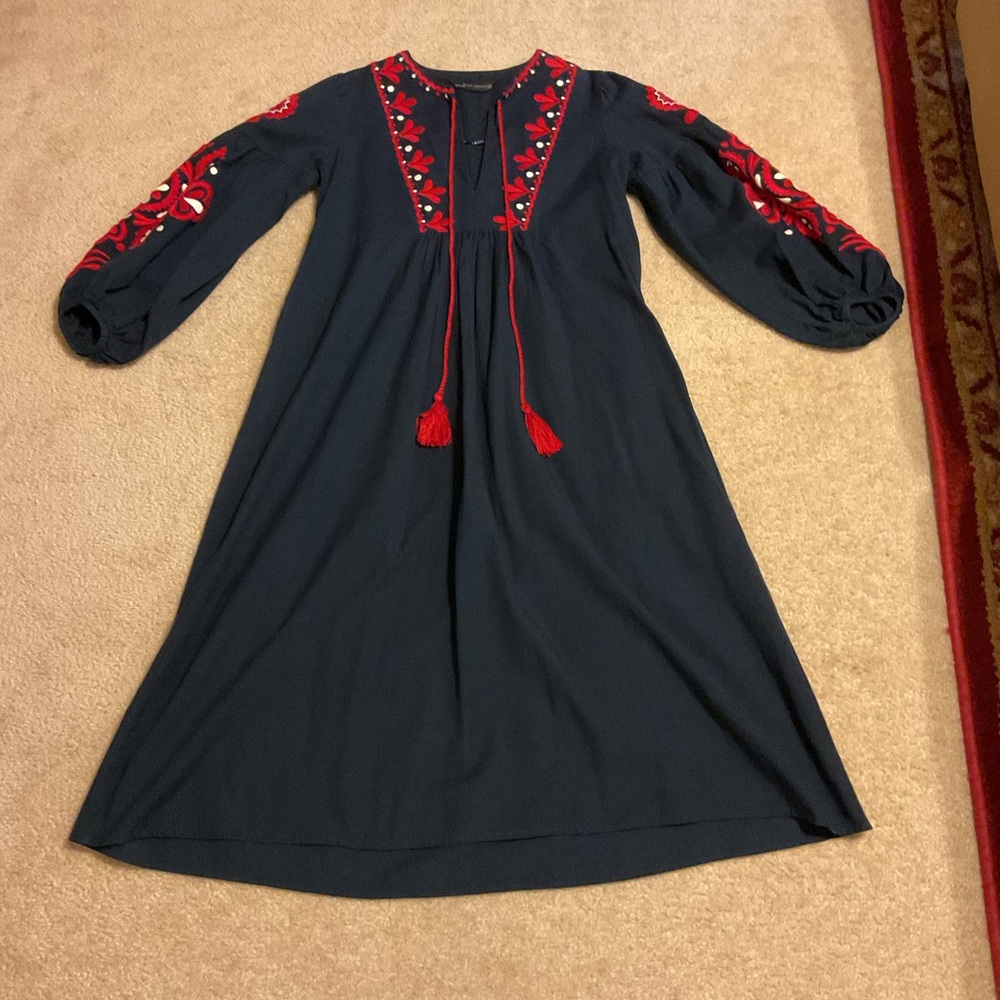 Zara Woman Boho Navy Blue Red Embroidered Tunic Long Sleeve Midi Dress Women’s L - Picture 6 of 14